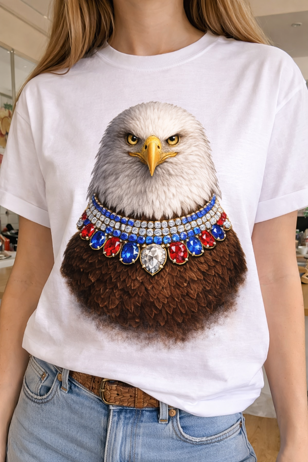 Jeweled Collar Eagle RWB on White Crew