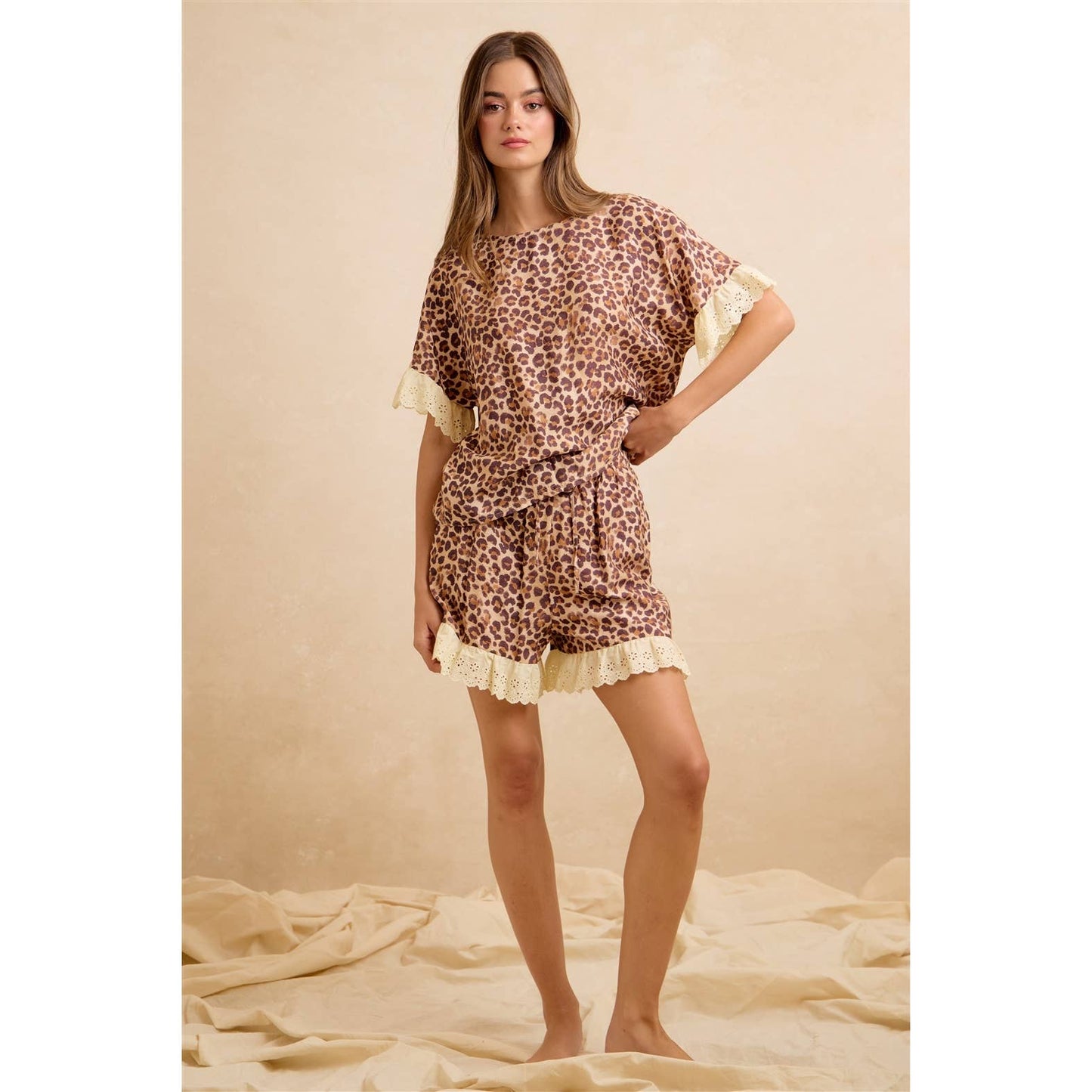 LEOPARD AND EYELET LACE RUFFLED TOP AND SHORTS SET