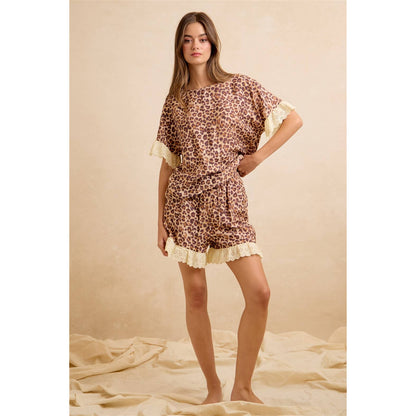 LEOPARD AND EYELET LACE RUFFLED TOP AND SHORTS SET