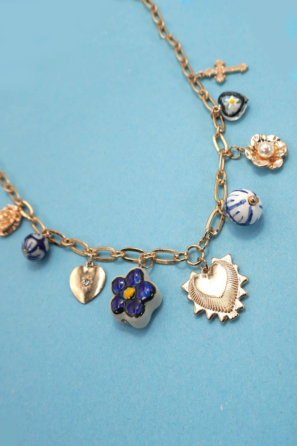 BLUE CERAMIC PORCELAIN HEART CROSS CHARM NECKLACE | 80N91624: GOLD