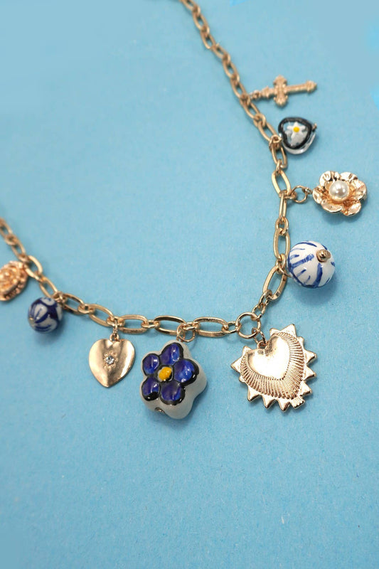 BLUE CERAMIC PORCELAIN HEART CROSS CHARM NECKLACE | 80N91624: GOLD