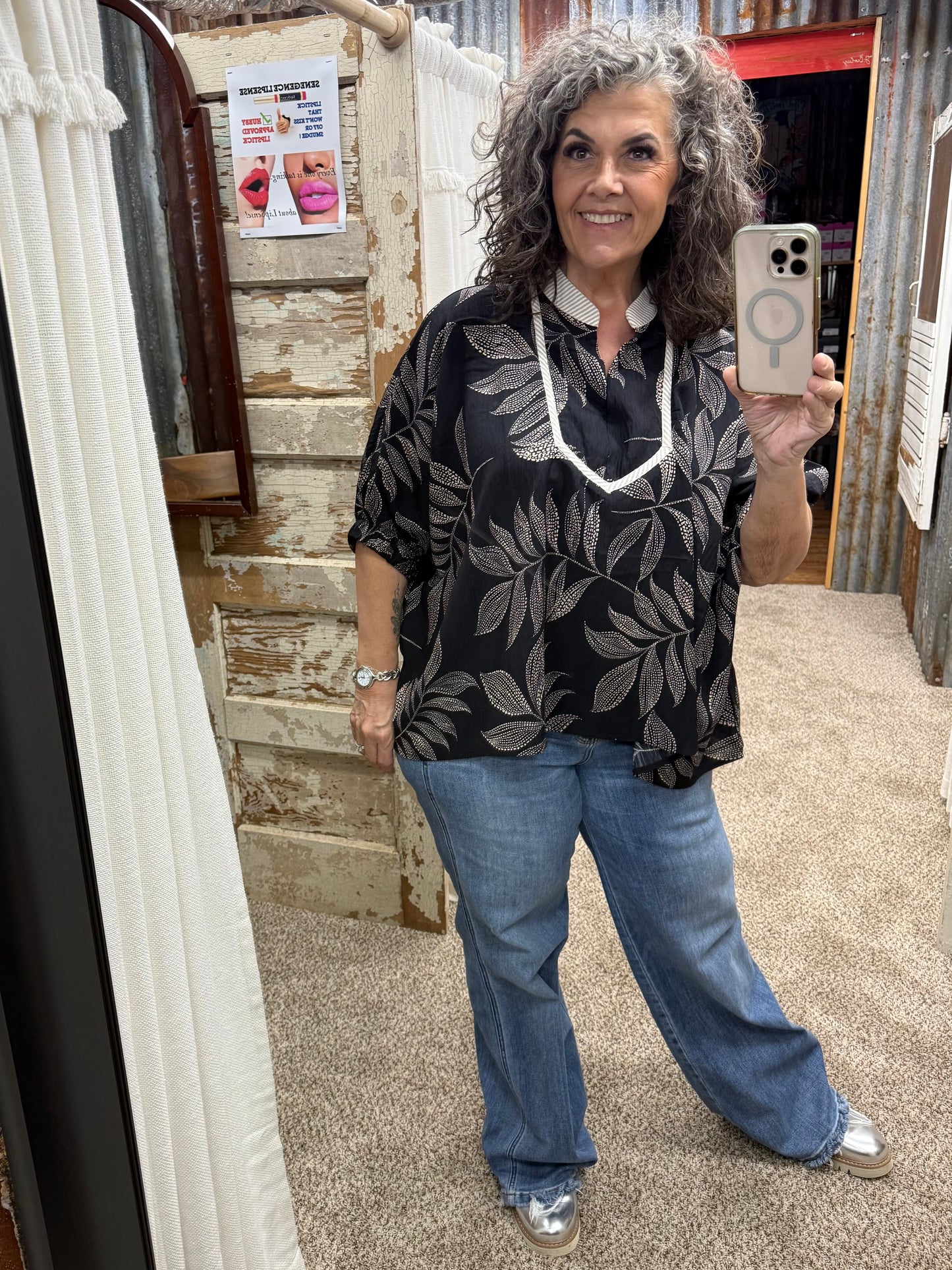 Black Tropical Relaxed-fit Blouse