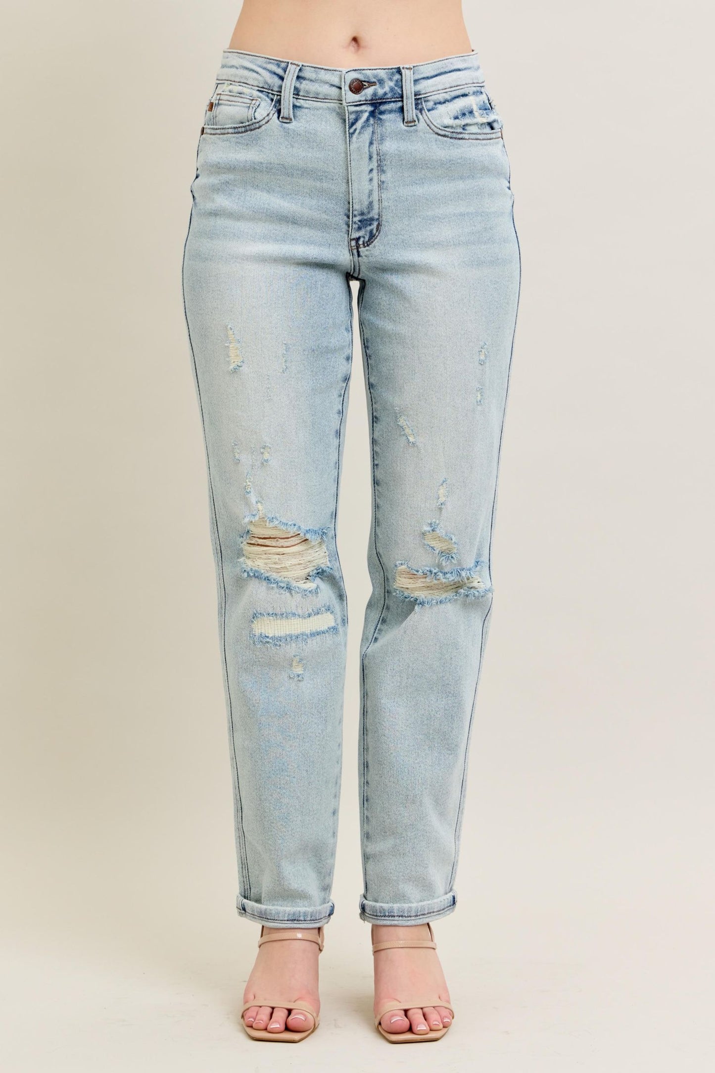Judy Blue Mid Rise Repair Stitch Detail Destroy Single Cuff Boyfriend Jean 88972
