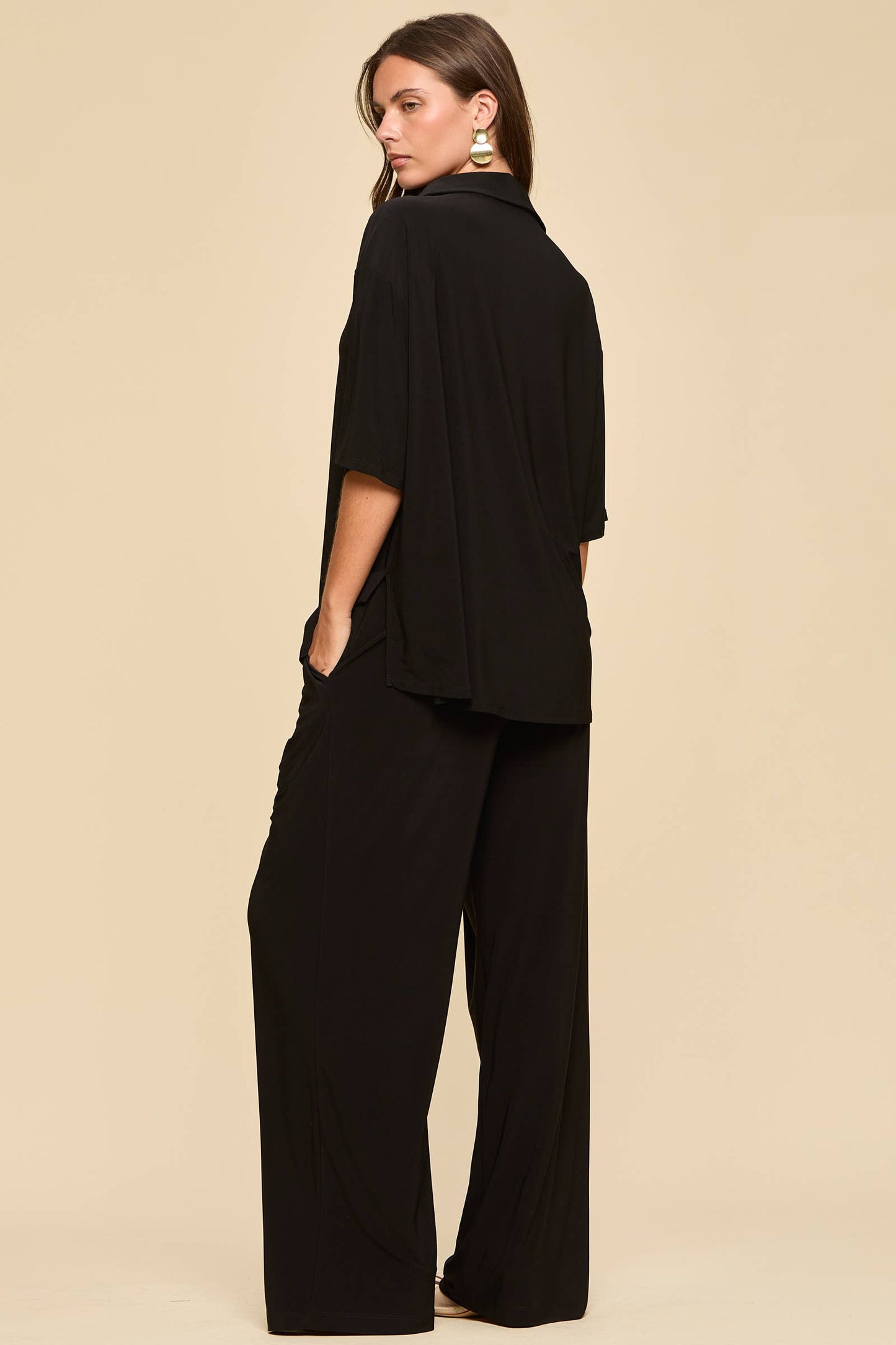 2-Piece Blouse + Relaxed Pants Resort Wear Black Set
