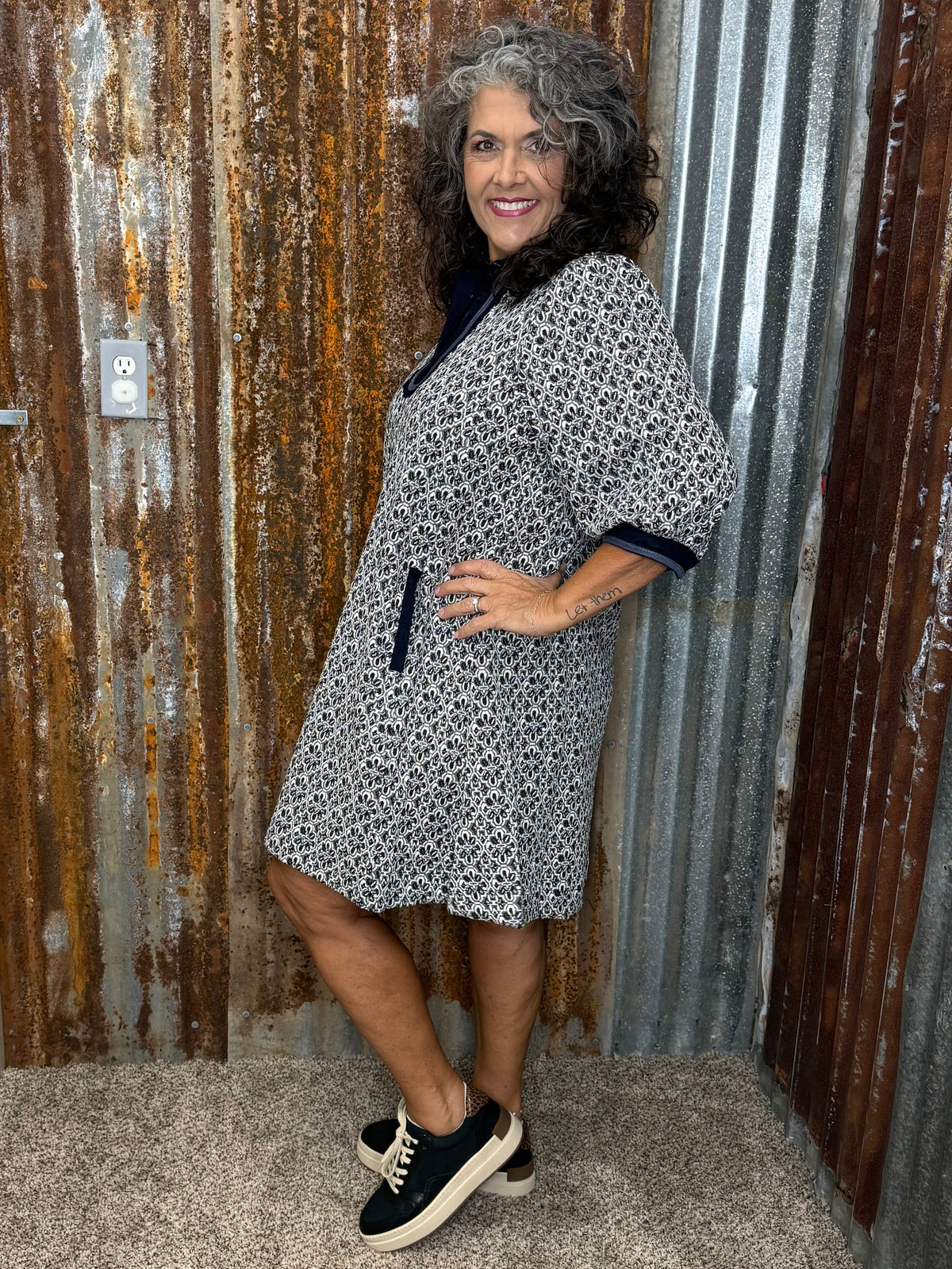 Umgee Black Mixed Media Jacquard Dress