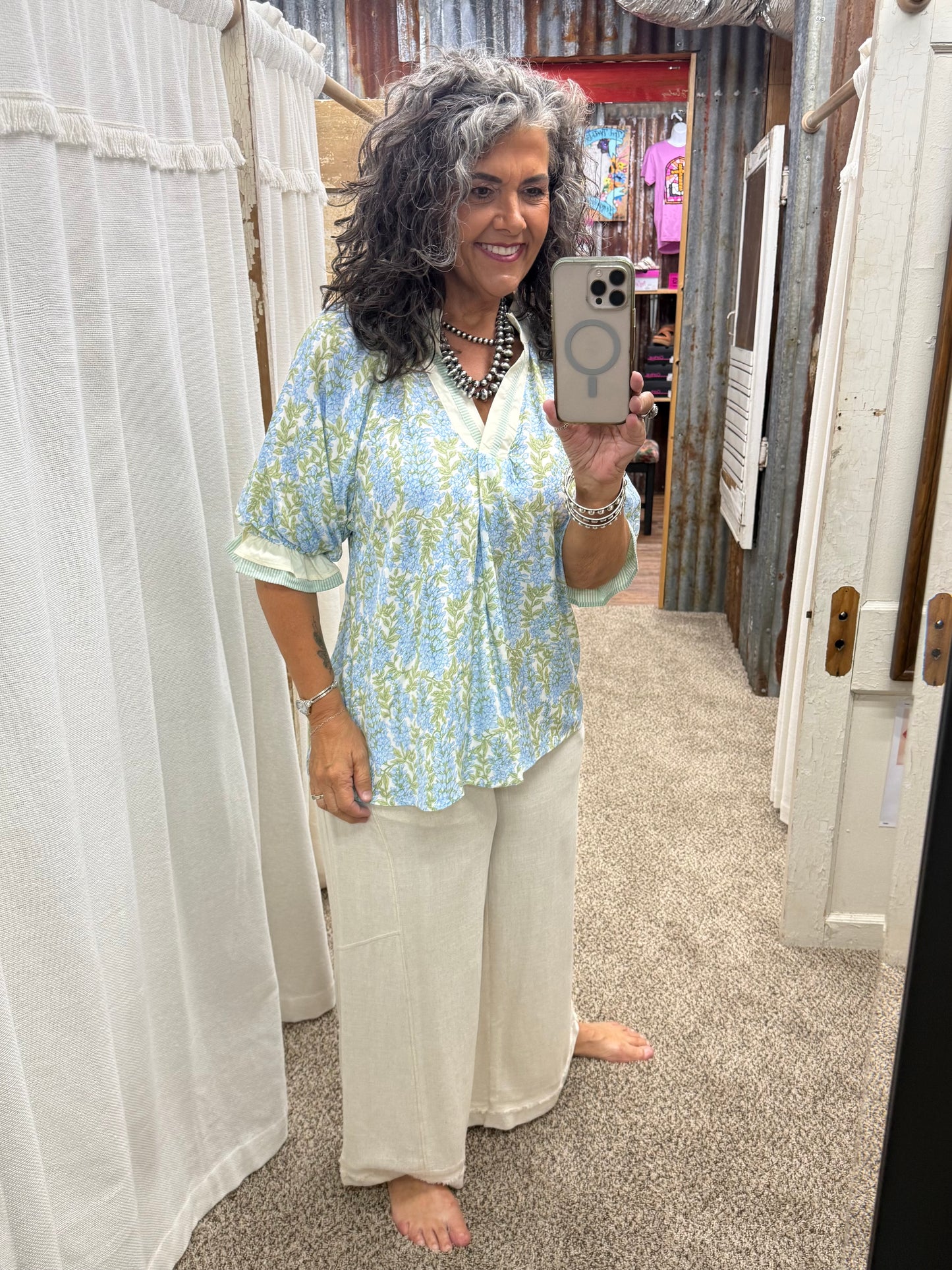 UMGEE Sky Mix Spring Burst Print V-Neck Top