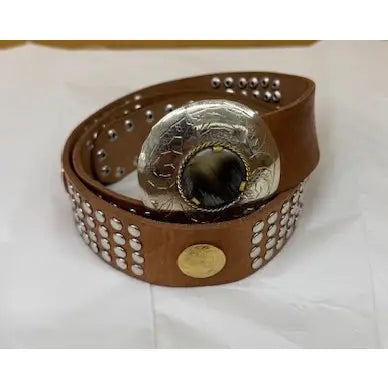 Narrow Leather Belt with Glass Buckle - Tan