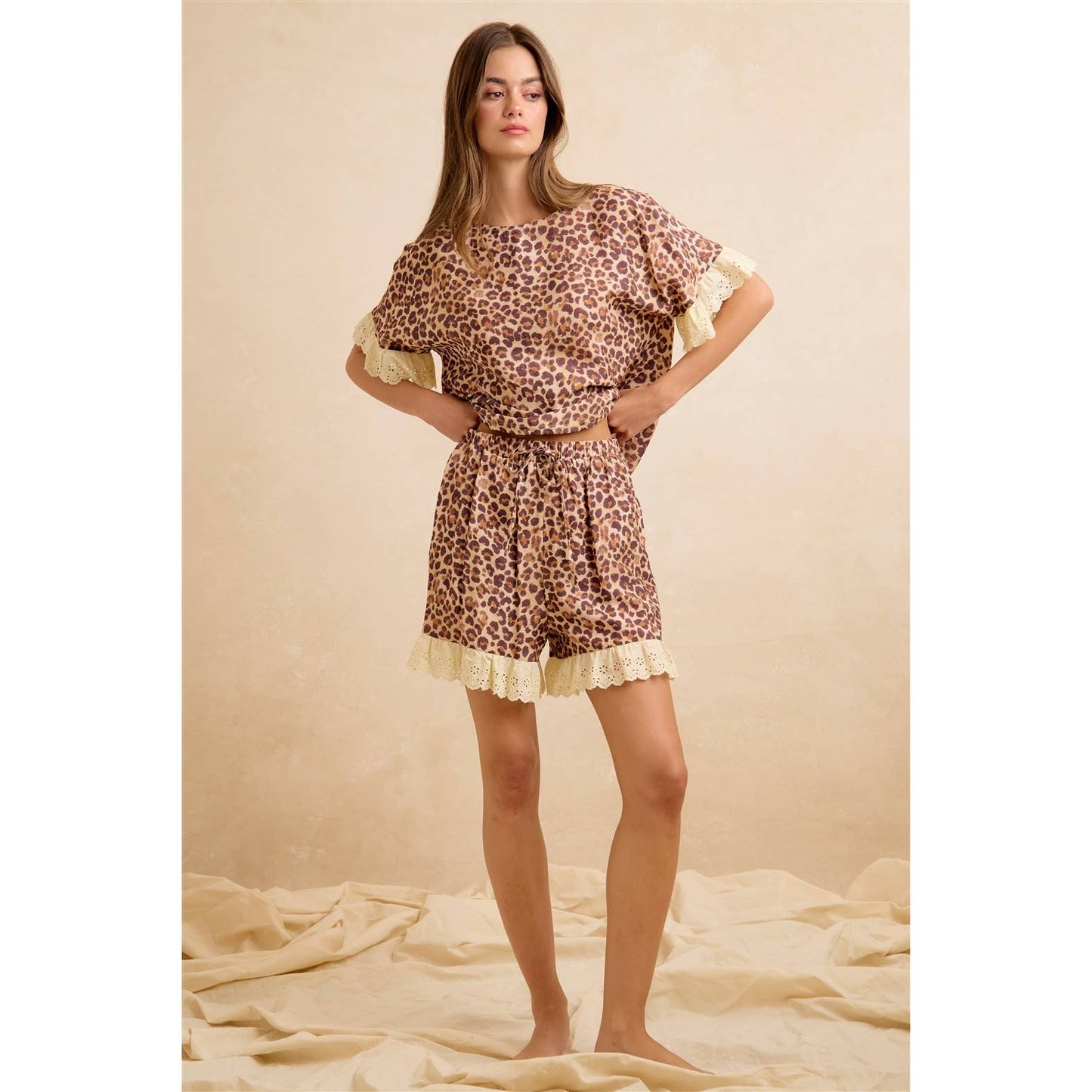 LEOPARD AND EYELET LACE RUFFLED TOP AND SHORTS SET