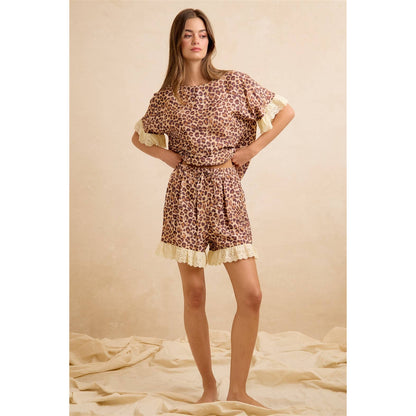 LEOPARD AND EYELET LACE RUFFLED TOP AND SHORTS SET
