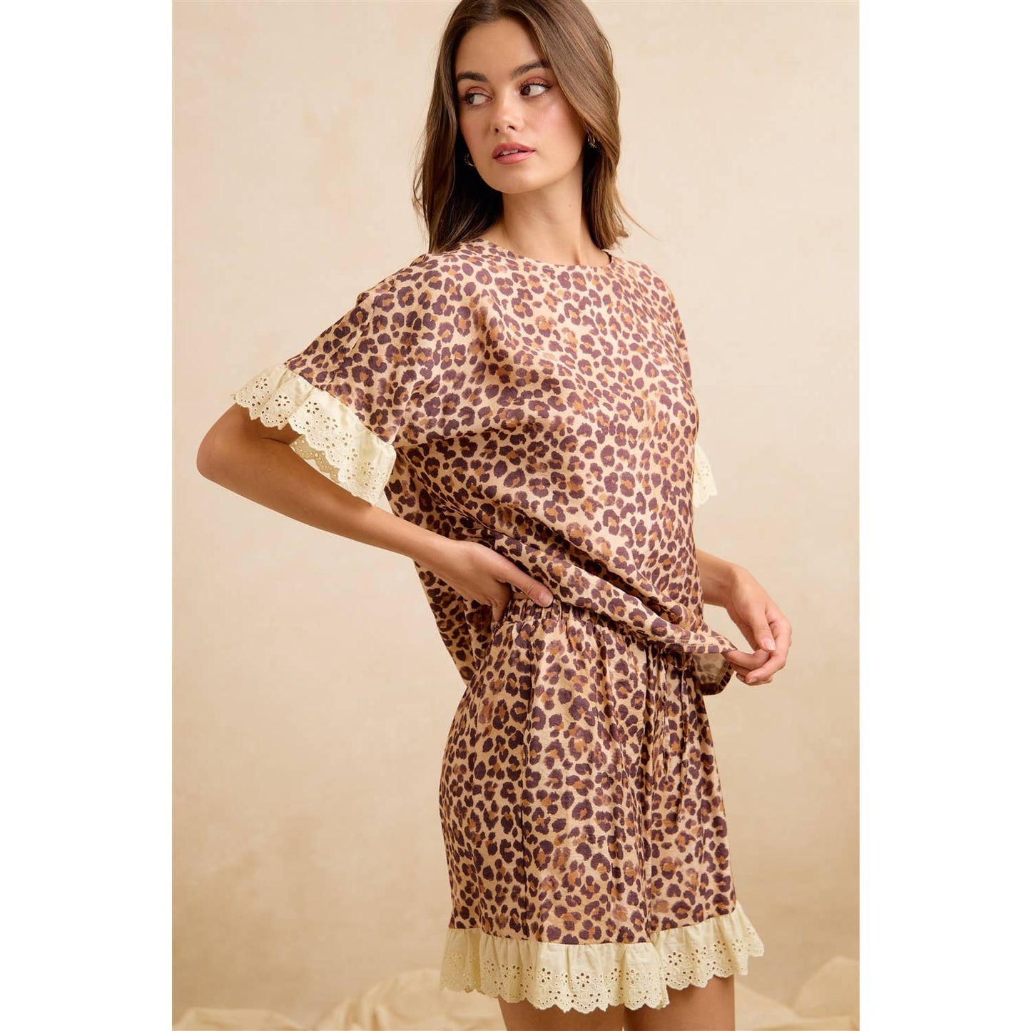 LEOPARD AND EYELET LACE RUFFLED TOP AND SHORTS SET
