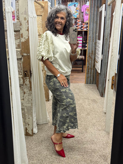 CAMOUFLAGE DENIM RUFFLED HEM MID RISE BLOOMER PANTS