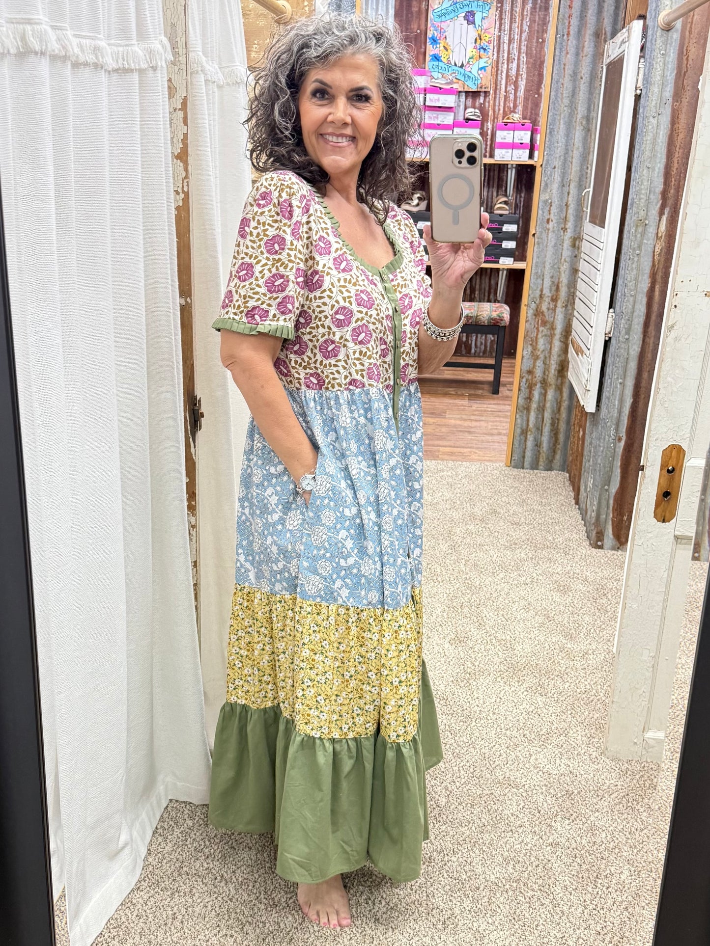 Easel SPRING PRINT MIX TIERED MAXI DRESS