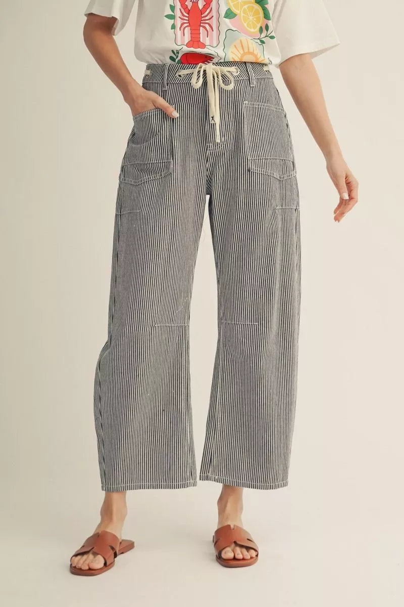 Black Pin Stripe Barrel Pants