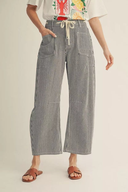 Black Pin Stripe Barrel Pants