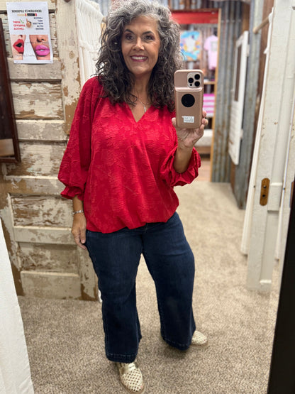 UMGEE Cherry Jacquard Textured Floral V-Neck Blouse