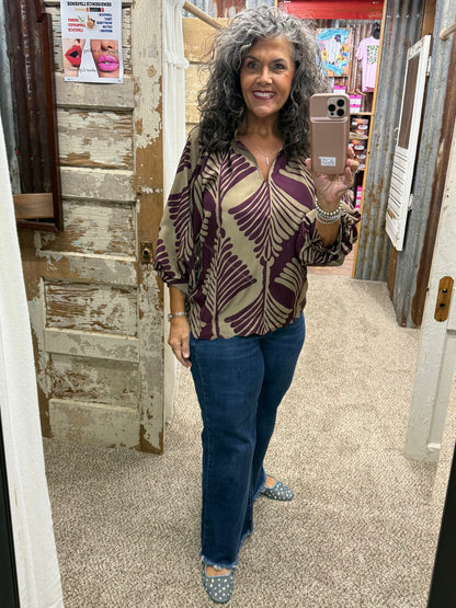 UMGEE Plum Abstract Leaf Print V-Neck Balloon Sleeve Blouse