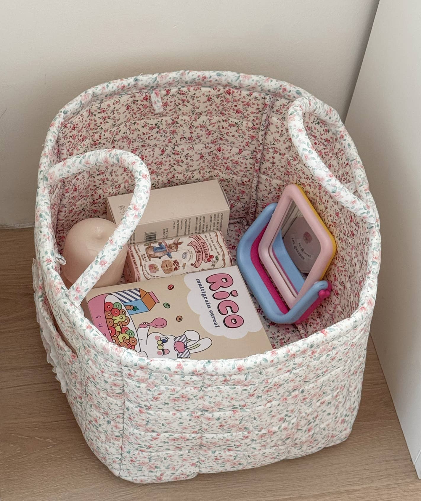 Pink Quilted Floral Laundry Basket Boho Storage basket