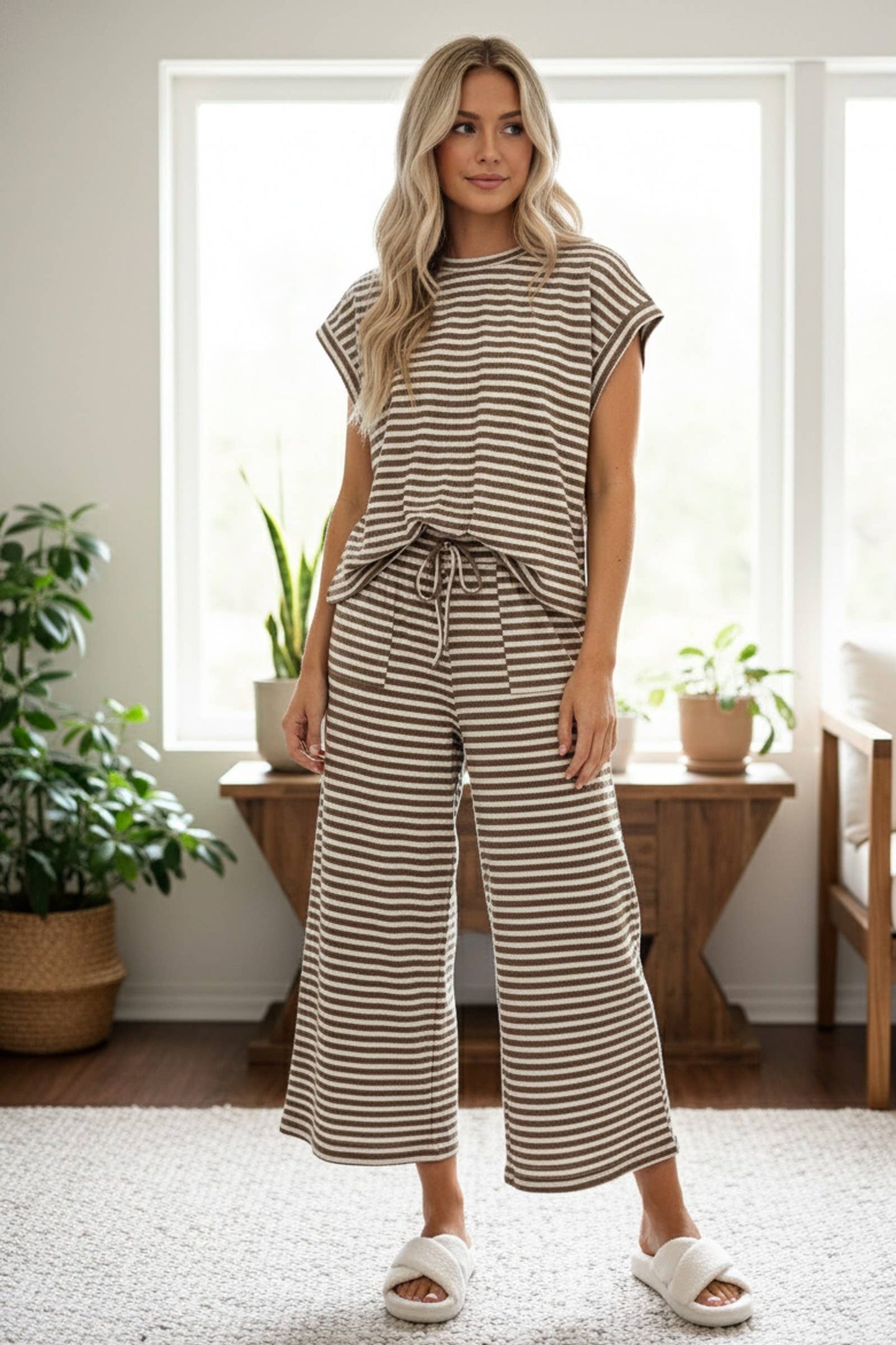 Striped Rib Top and Pants Lounge Set: TAUPE/CREAM