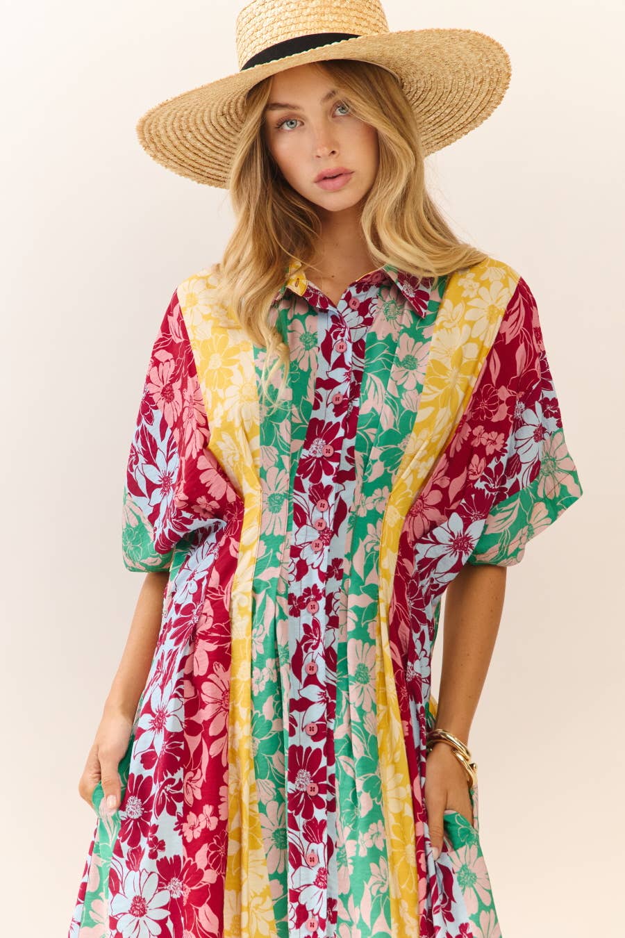 Mixed Floral Print Button-front Midi Dress: Floral Medley