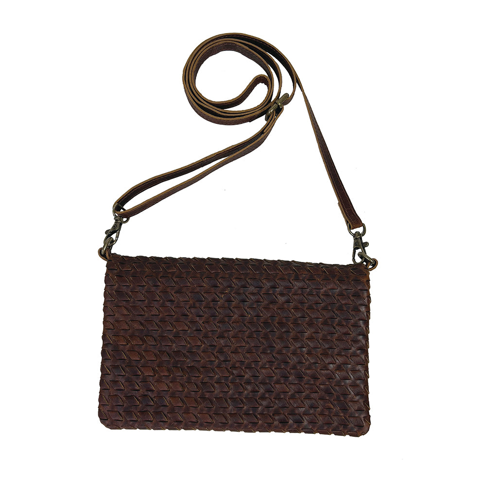 Genuine Leather Woven Honey Brown Crossbody