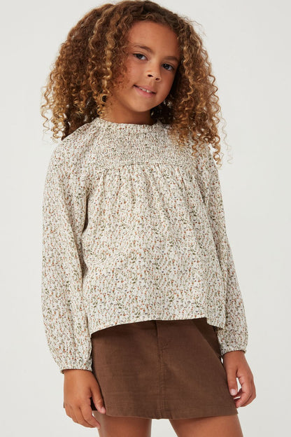 Girls Ditsy Print Smocked Detail Long Sleeve Top