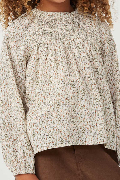 Girls Ditsy Print Smocked Detail Long Sleeve Top