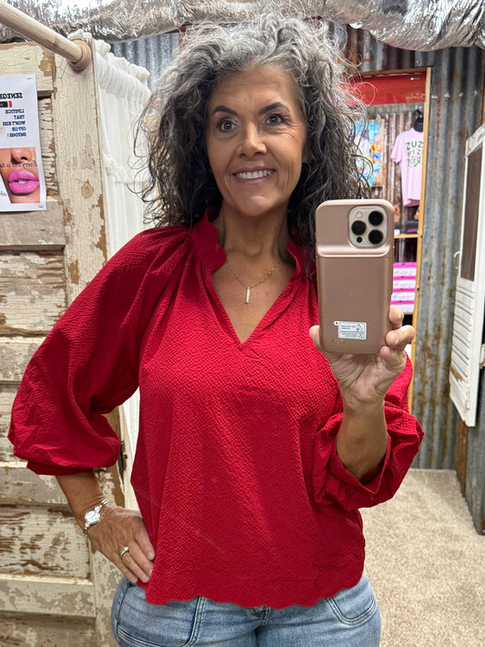 UMGEE Red Split V Neck Top with Balloon Sleeves