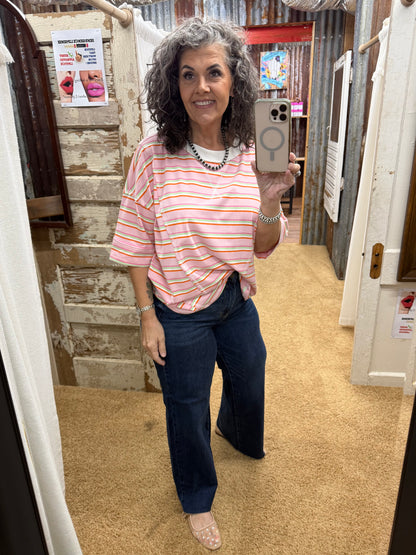 Striped Oversized Short Sleeve Knit Top: PINK COMBO