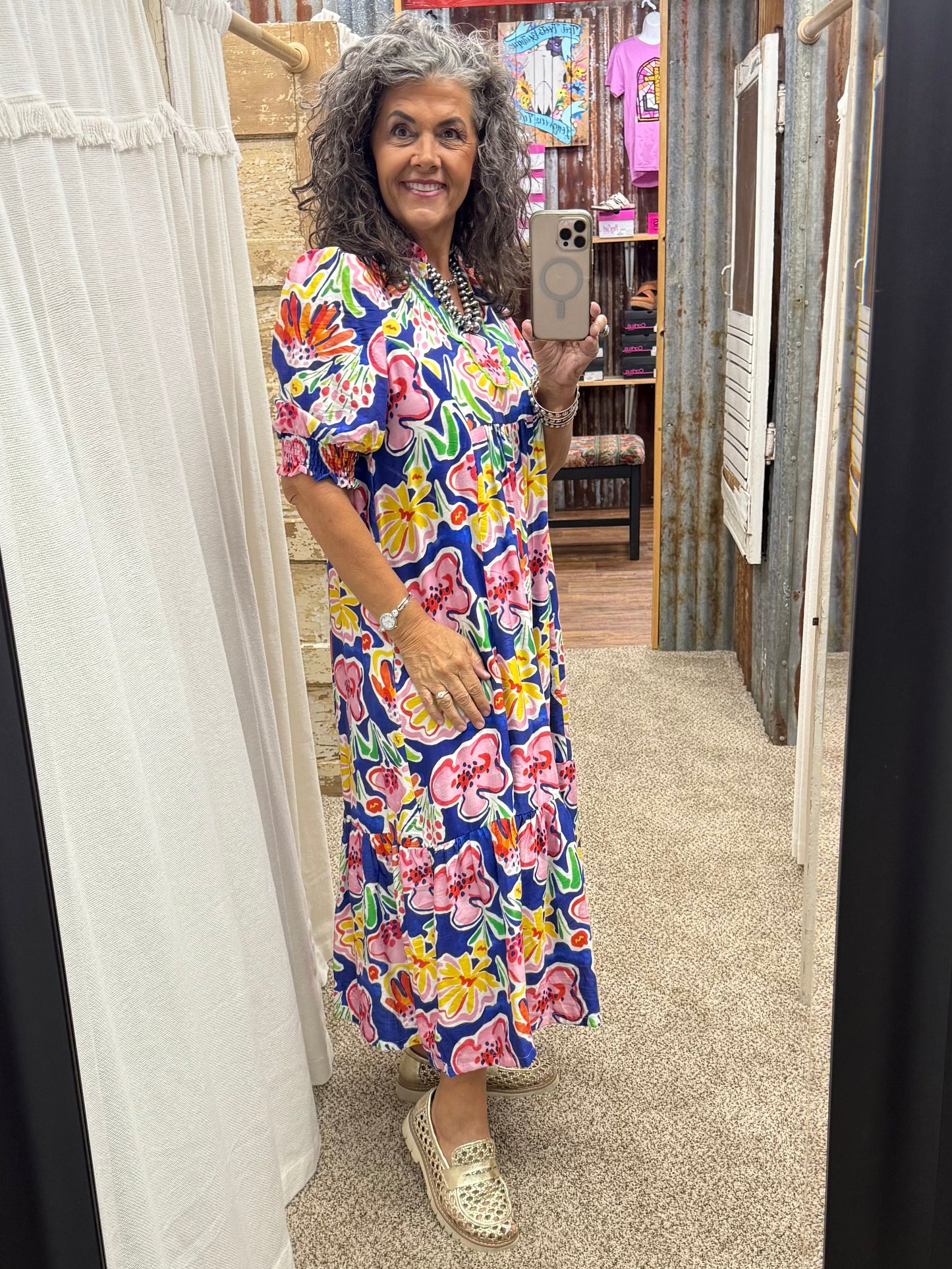 UMGEE Blue Floral Print Puff Sleeve Tiered Midi Dress