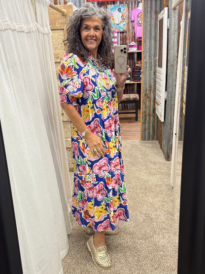 UMGEE Blue Floral Print Puff Sleeve Tiered Midi Dress