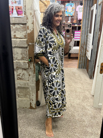 Umgee Olive Mix Abstract Print Midi Dress
