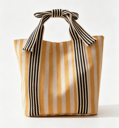 Beige Mini Striped Tote Bag Beach Bow Handle Bag