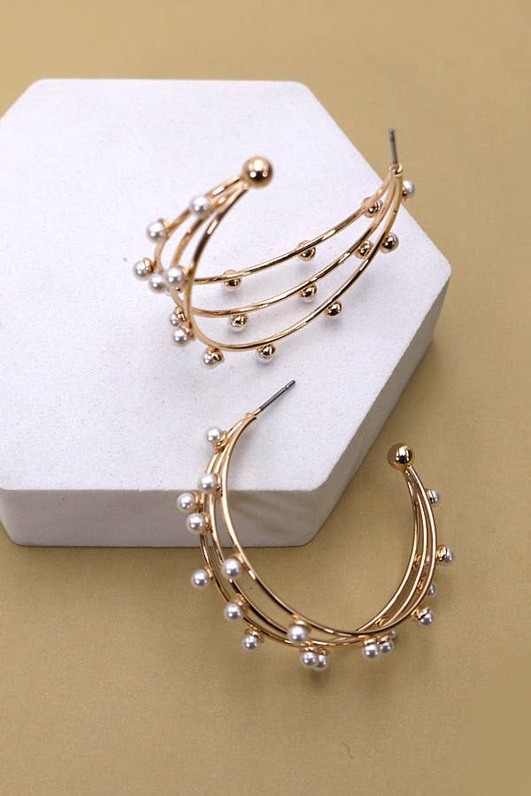 TRIPLE ROW WIRE PEARL HOOP EARRINGS  |   31E03785: Gold