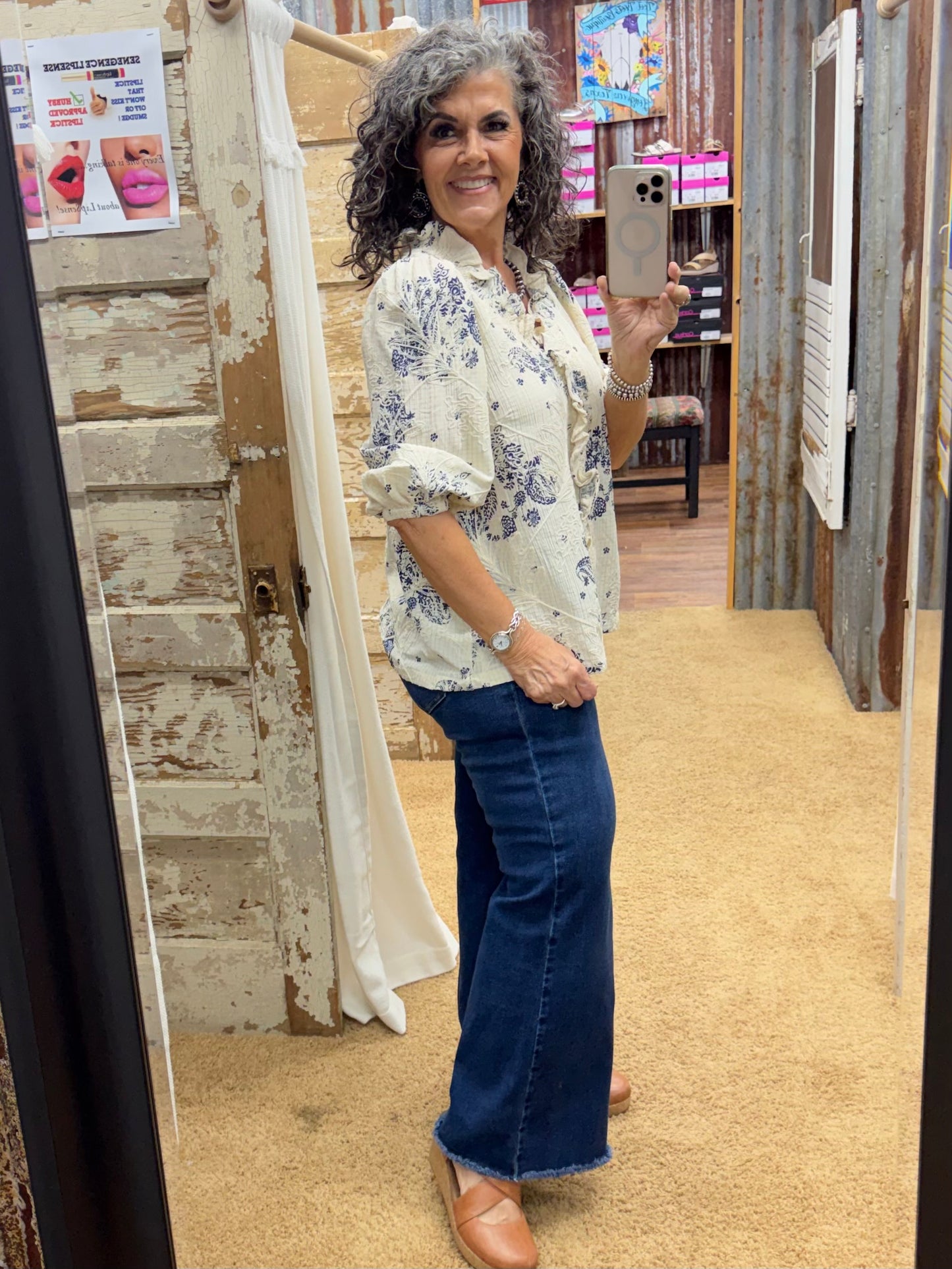 UMGEE Navy Floral Embroidered Blouse with Ruffle Trim