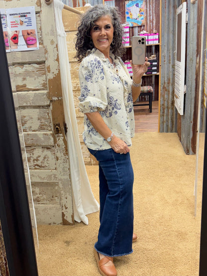 UMGEE Navy Floral Embroidered Blouse with Ruffle Trim