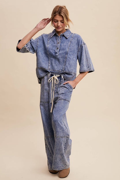 Wide-Leg Denim Drawstring Pants