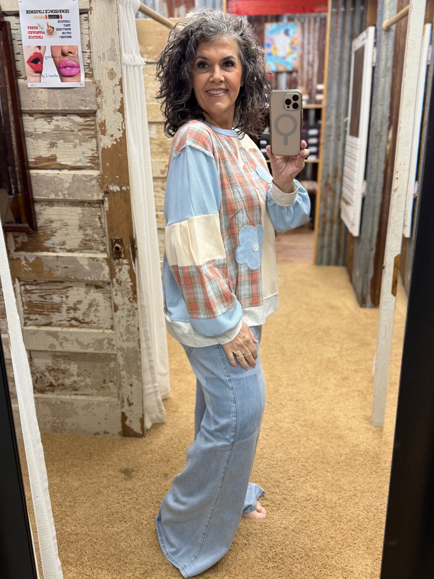 Powder Blue Patchwork Flower Pullover Top