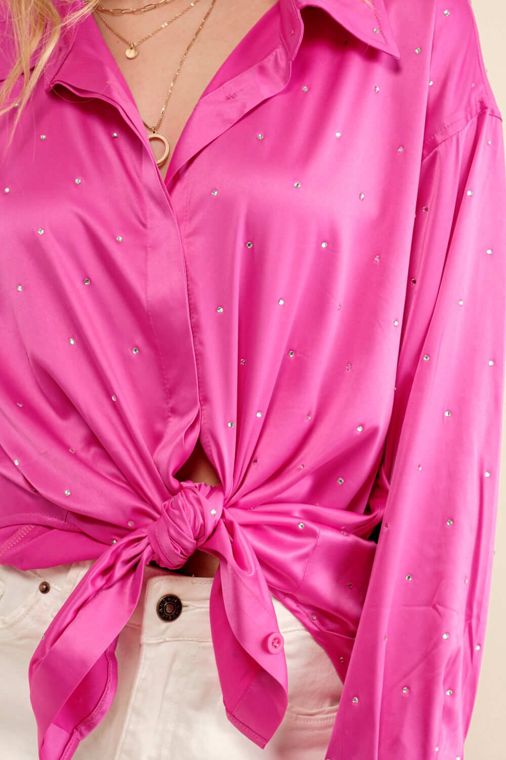 Hot Pink Satin Rhinestone Button Up Blouse