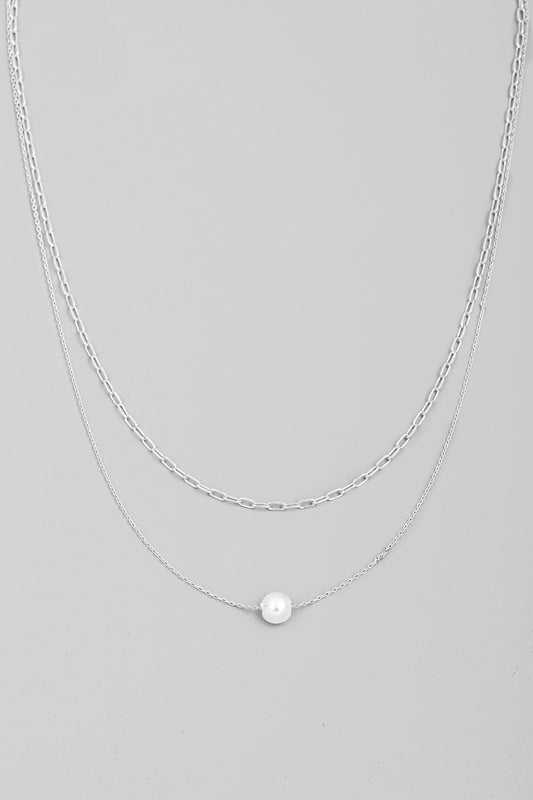 Single Pearl Charm Layered Silver Chain Necklace