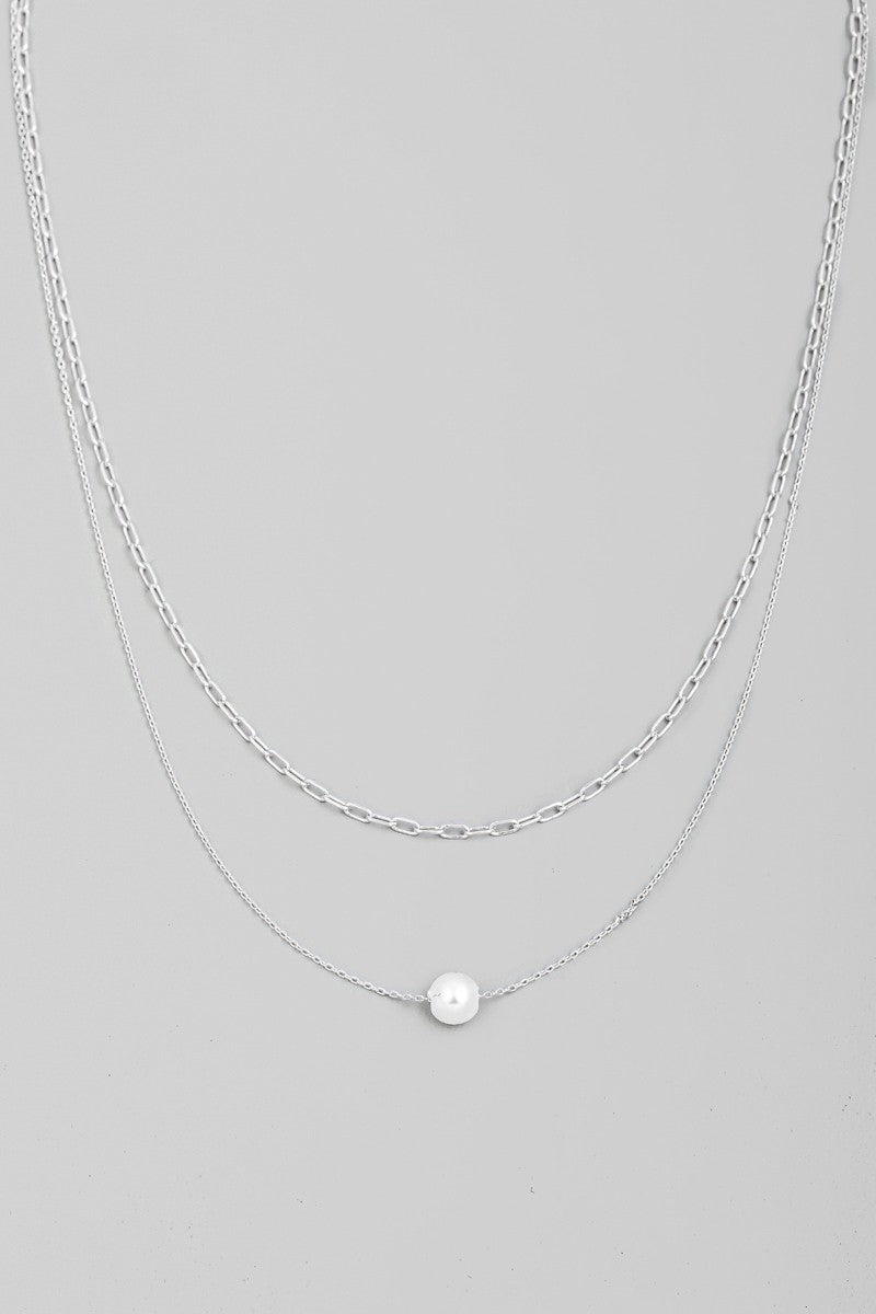 Single Pearl Charm Layered Silver Chain Necklace
