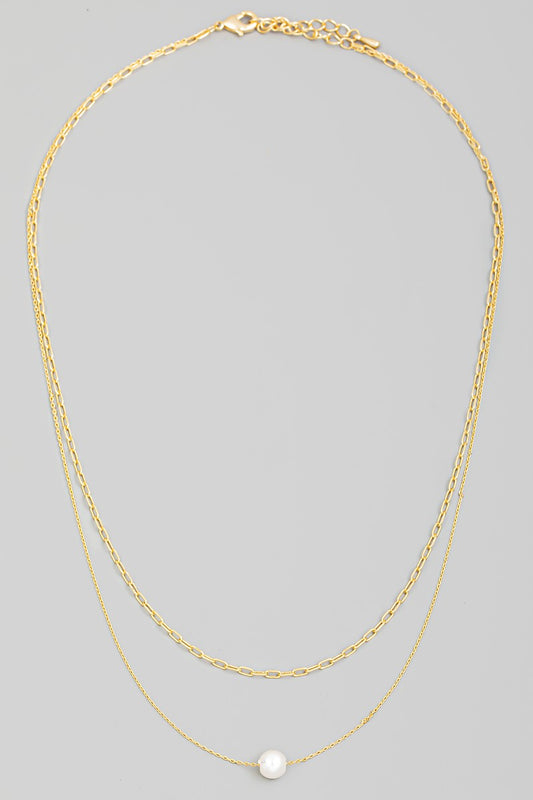 Single Pearl Charm Layered Gold Chain Necklace