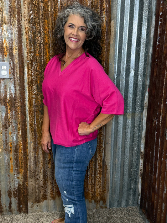 Jodifl Magenta Drop shoulder v neck lightweight comfy sweater top.