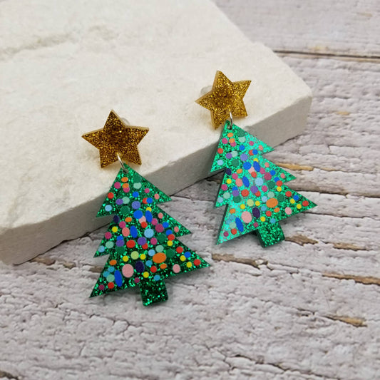 Confetti Star Christmas Tree Earrings - Green