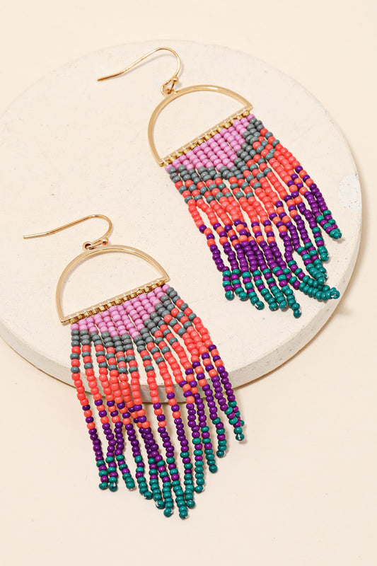 Purple Semi Circle Multi Seed Beaded Fringe Earrings