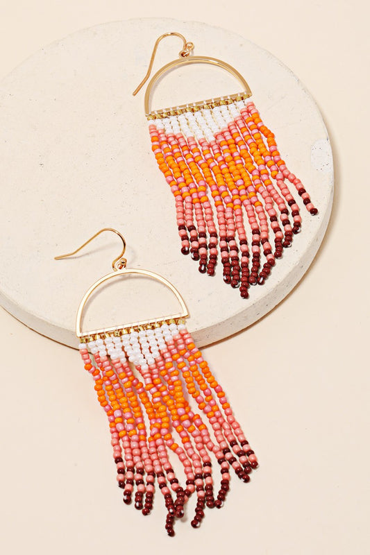 Peachy Semi Circle Multi Seed Beaded Fringe Earrings