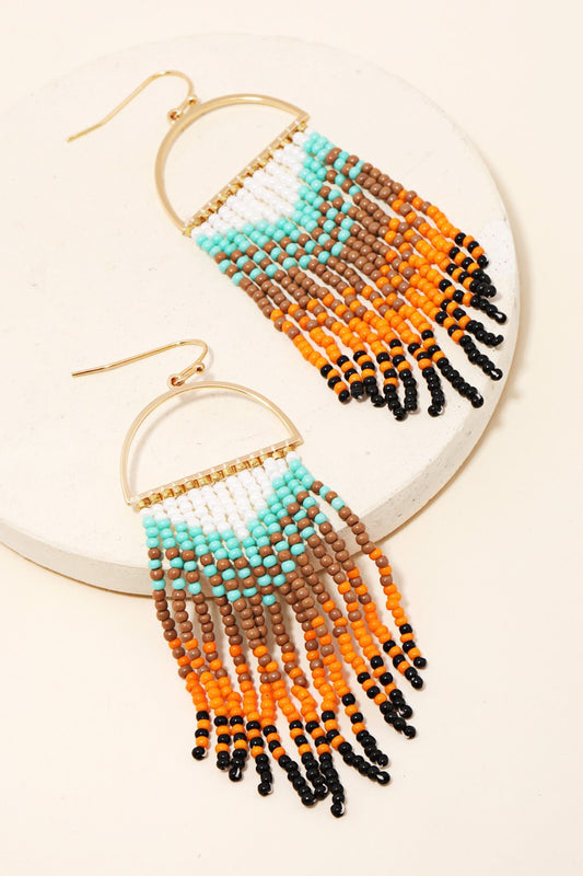 Black/Mint Semi Circle Multi Seed Beaded Fringe Earrings