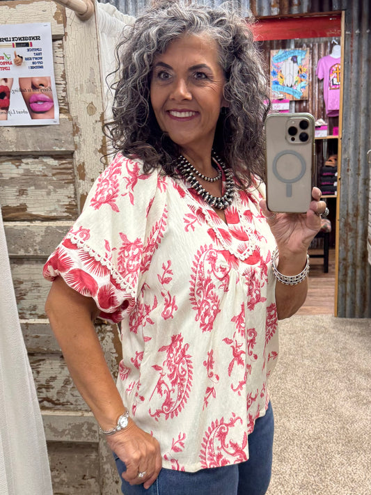 UMGEE Red Boho Print Top with Lace Trim