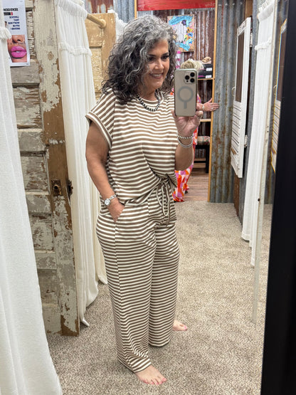 Striped Rib Top and Pants Lounge Set: TAUPE/CREAM