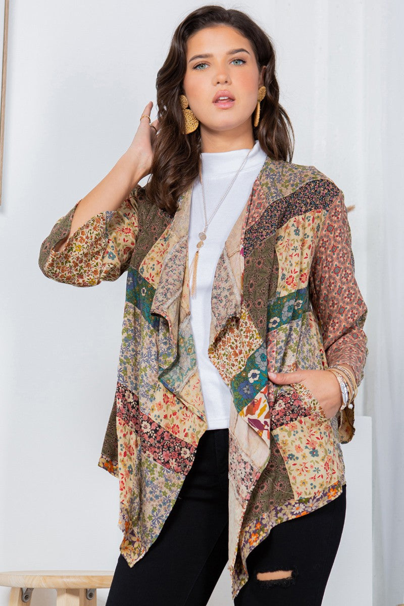 Patchwork Kimono Cardigan With 3/4 Sleeve