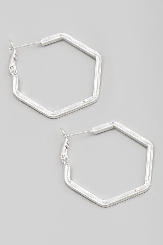 Silver Textured Flat Metallic Hexagon Hoop Earrings